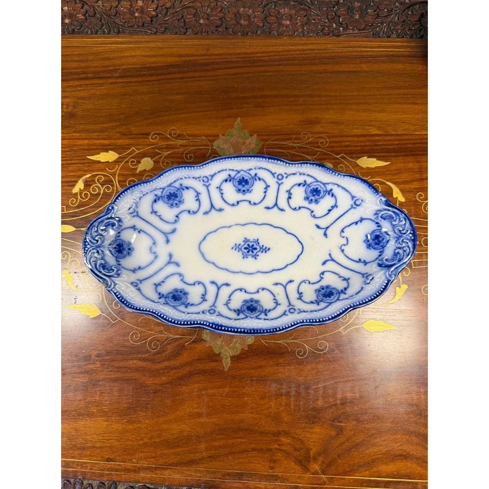 Antique W.H. Grindley Beaufort Flow Blue Dish •‎ Oval Vanity Tray